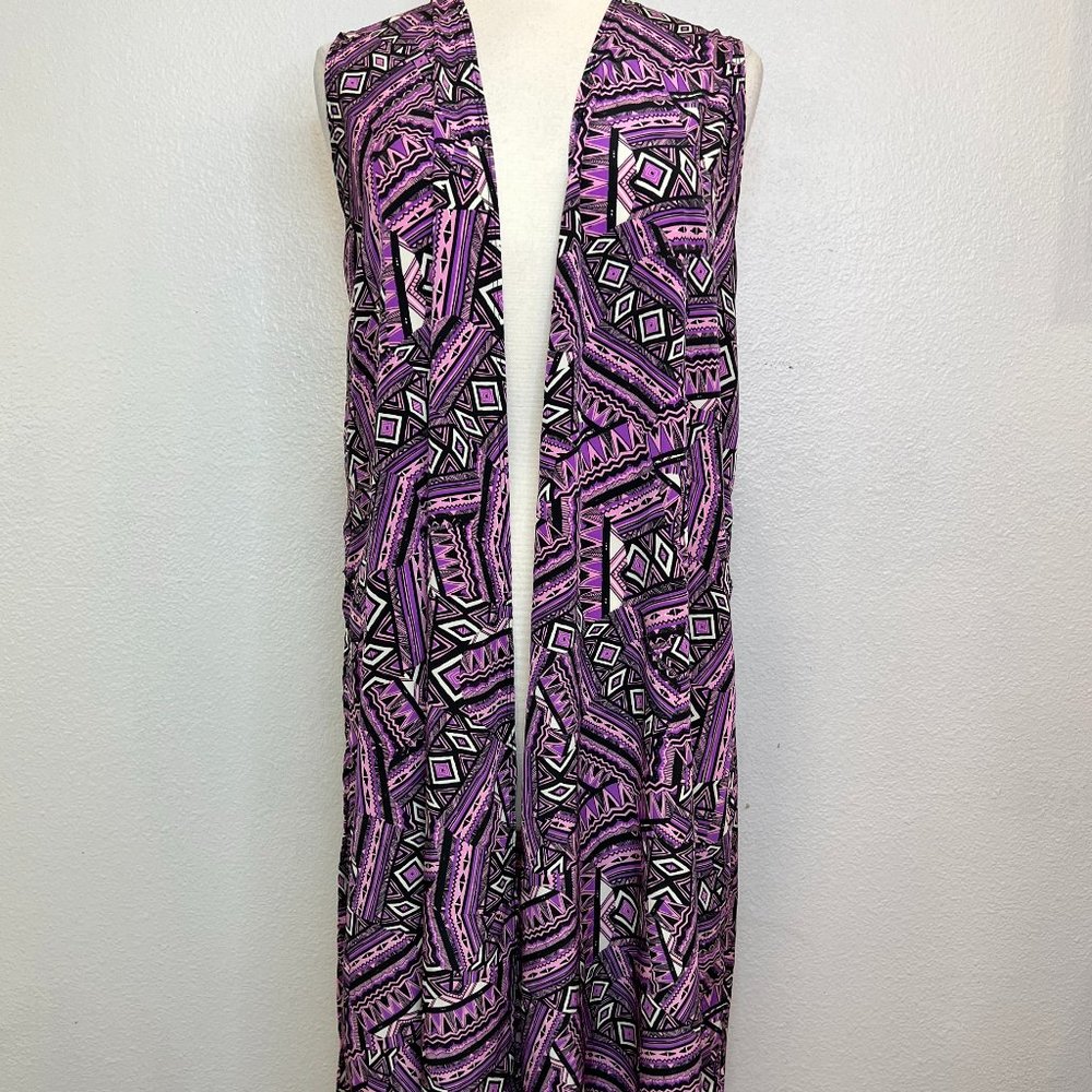 LuLaRoe Joy Sleeveless Long Vest Purple Black Tribal‎ Aztec Print Women's Size M